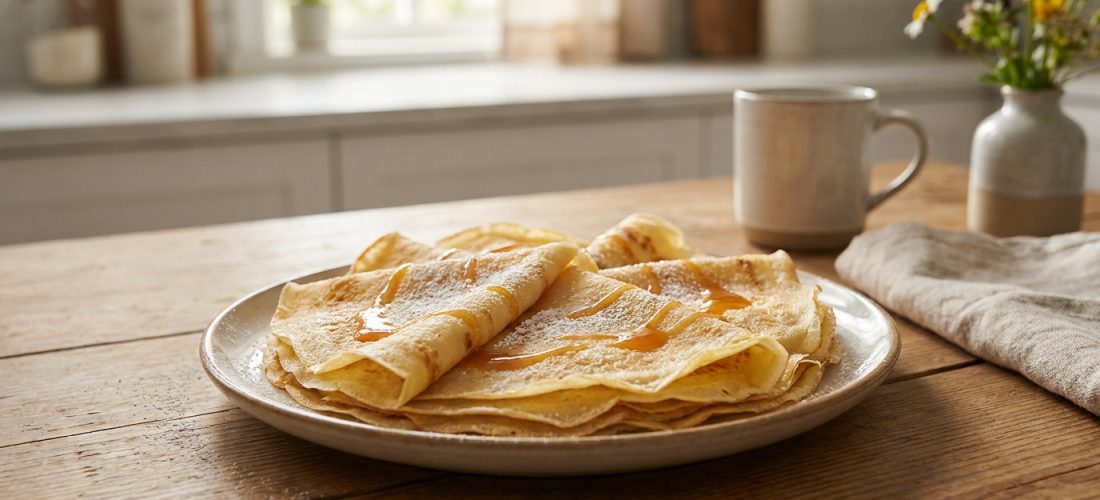 Assiette de crêpes dorées saupoudrées de sucre et nappées de sirop sur une table en bois dans une cuisine lumineuse.