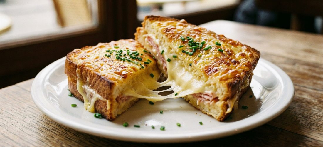 Un croque-monsieur coupé en deux avec du camembert fondu qui coule sur une assiette en céramique blanche.