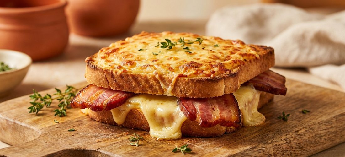 Un croque-monsieur gourmand au Maroilles fondu et tranches de lard croustillant sur une planche en bois.