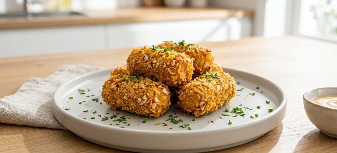 Croquettes de poulet dorées et croustillantes servies sur une assiette blanche avec une sauce, dans une cuisine moderne.