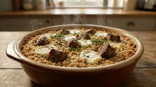 Plat à four en céramique contenant un crumble d'agneau et de chèvre fumant, garni de brins d'herbes aromatiques.