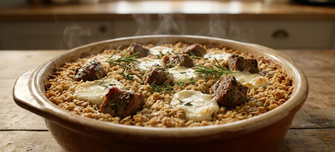 Plat à four en céramique contenant un crumble d'agneau et de chèvre fumant, garni de brins d'herbes aromatiques.
