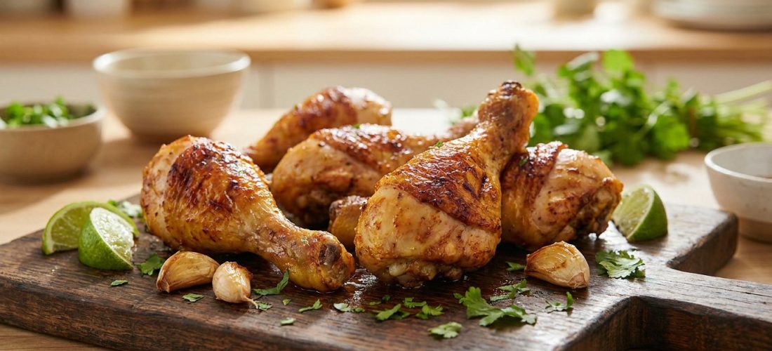 Pilons de poulet rôtis avec des quartiers de citron et des herbes sur une planche en bois dans une cuisine lumineuse.