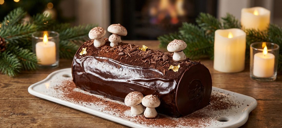 Bûche au chocolat décorée avec des éclats de chocolat et des framboises, dessert de fête facile à réaliser