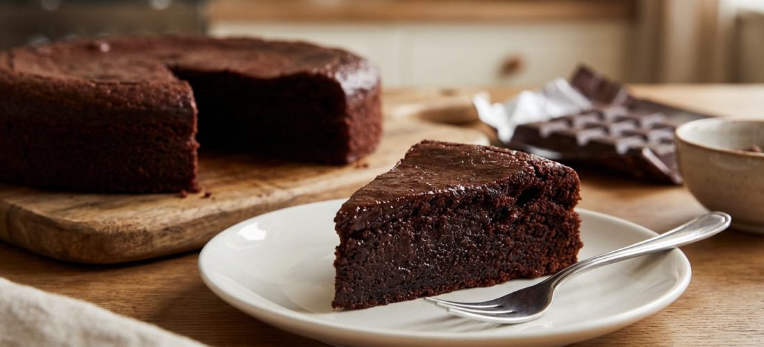 Gâteau chocolat 3 ingrédients hyper moelleux sur une assiette blanche