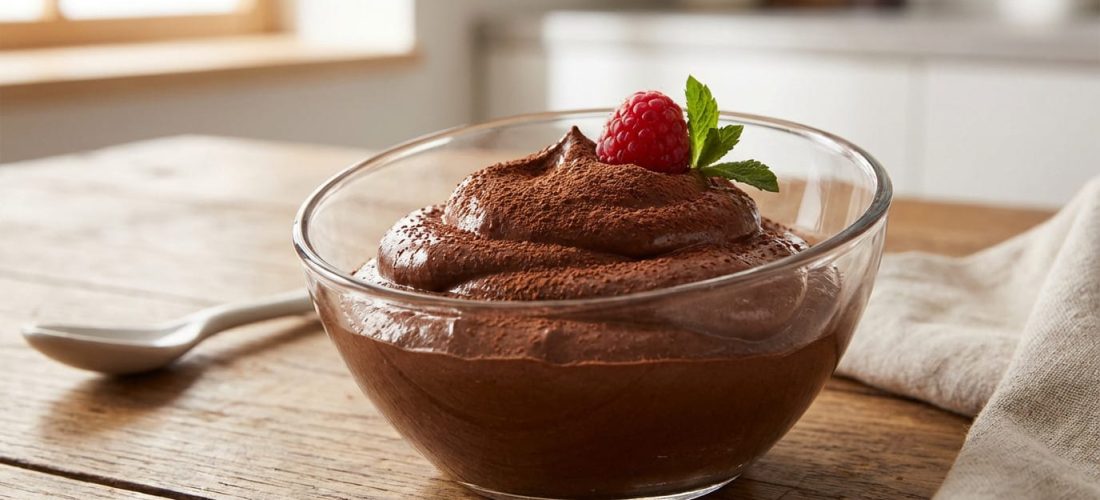 Mousse chocolat aquafaba végétale garnie de copeaux de chocolat noir