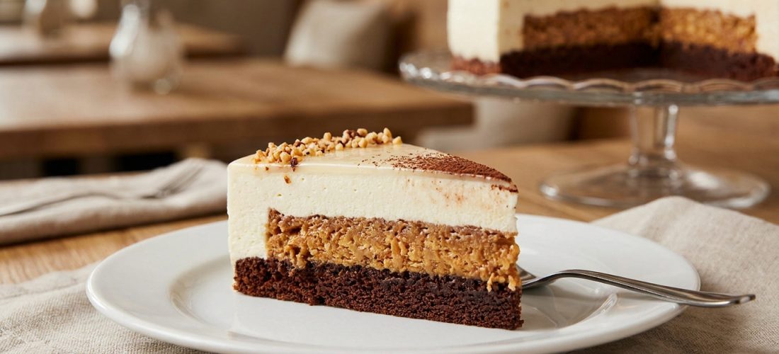 Une part de gâteau à trois couches sur une assiette blanche avec une fourchette, sur une table en bois.