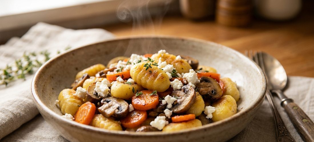Bol de gnocchis chauds avec champignons sautés, carottes, feta émiettée et herbes fraîches, fumant sur une table en bois.