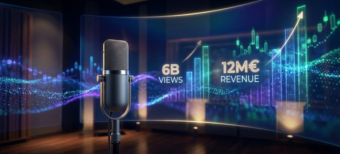 Sleek studio microphone with dynamic, glowing digital data visualizations in background: 6B VIEWS, 12M€ REVENUE, trending upwards.