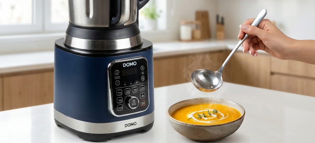 Domo DO498BL soup maker in a modern kitchen setting, showcasing its sleek design and compact size