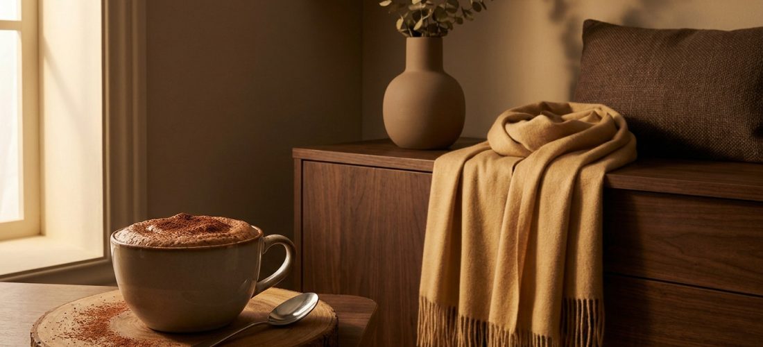 Une tasse de café mousseux sur un plateau en bois, près d'une écharpe dorée et d'un vase dans une pièce aux tons chauds.