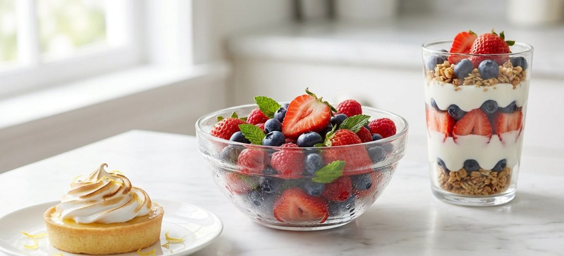 Une tartelette au citron meringuée, un bol de fruits rouges frais et une verrine de yaourt, granola et fruits.