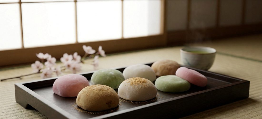 Assortiment de mochis colorés posés sur un plateau en bois devant une fenêtre shoji avec des fleurs de cerisier.