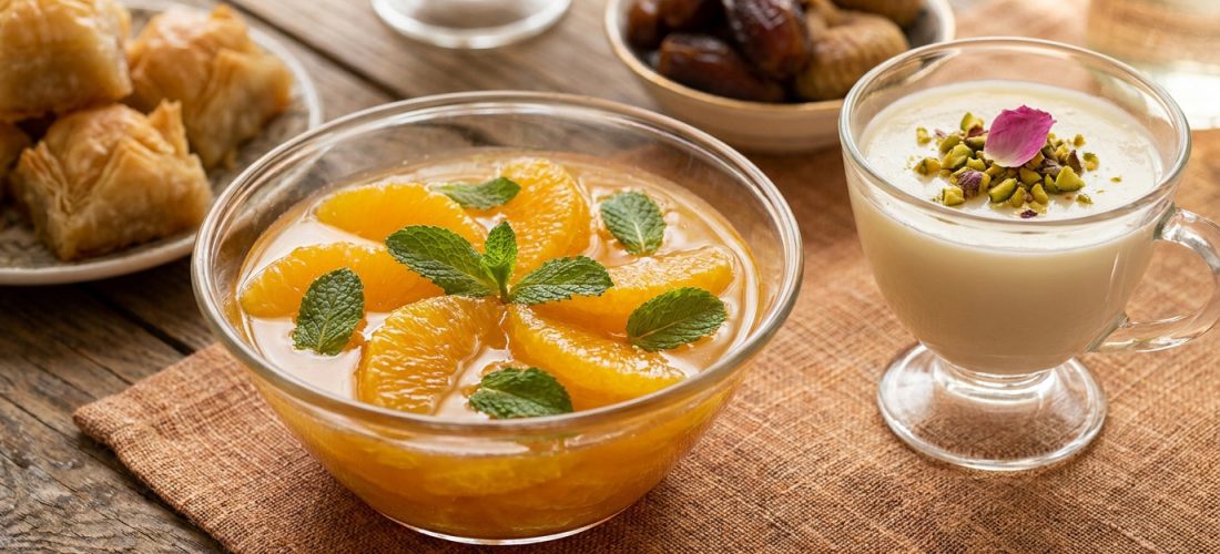 Salade d'oranges à la menthe et verrine lactée sur une table en bois.