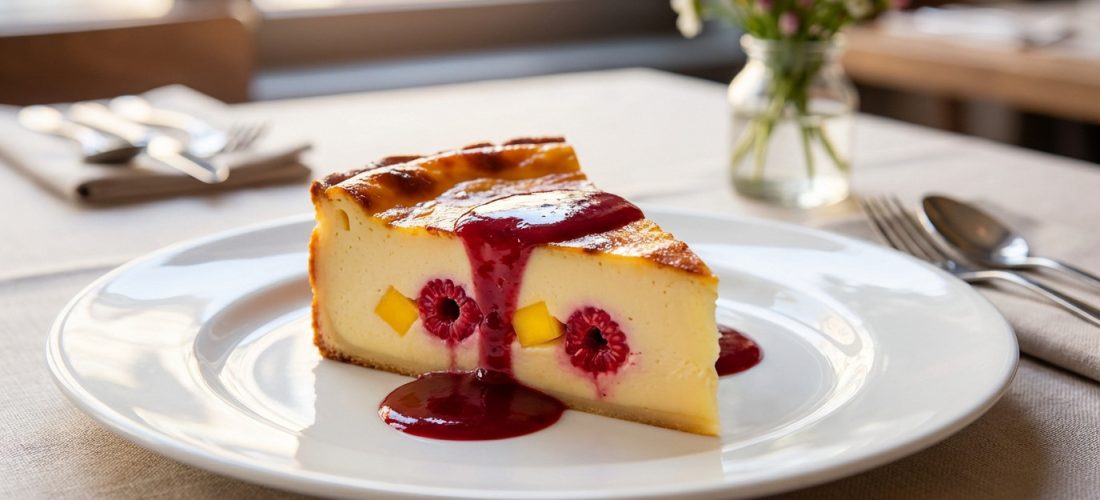elegant-flan-slice-with-hidden-fruit-and-raspberry-coulis