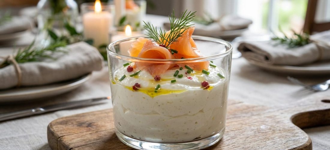 Mousse au fromage de chèvre et saumon fumé, présentation en verrine élégante