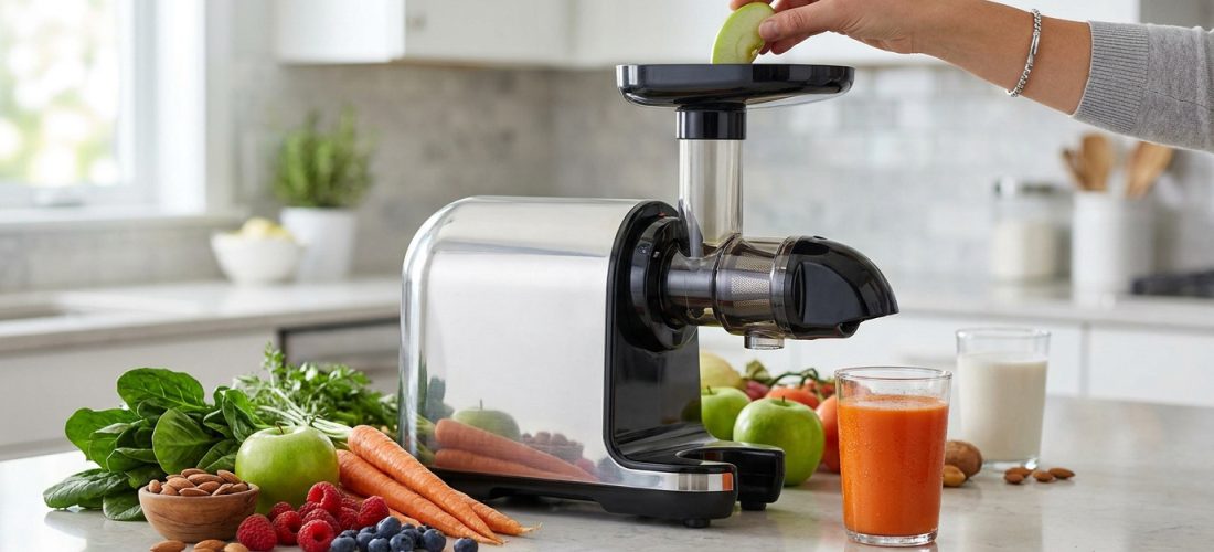 Main insérant une tranche de pomme dans un extracteur de jus Fridja F2500 entouré de fruits et légumes frais.