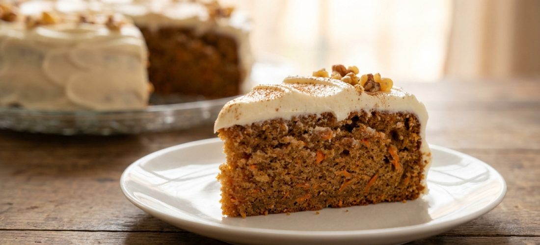 Une part de gâteau aux carottes nappée de glaçage blanc et décorée de noix sur une assiette blanche.