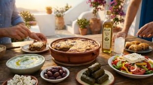 Table en bois dressée avec moussaka, salade grecque, olives, tzatziki et huile d'olive sous un soleil de Grèce.