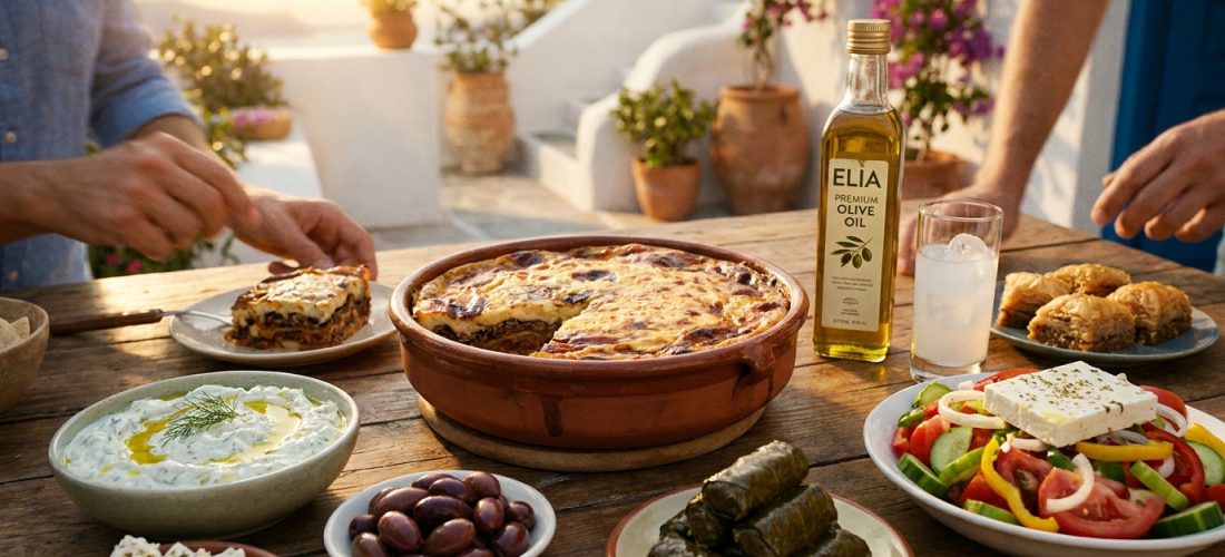 Table en bois dressée avec moussaka, salade grecque, olives, tzatziki et huile d'olive sous un soleil de Grèce.