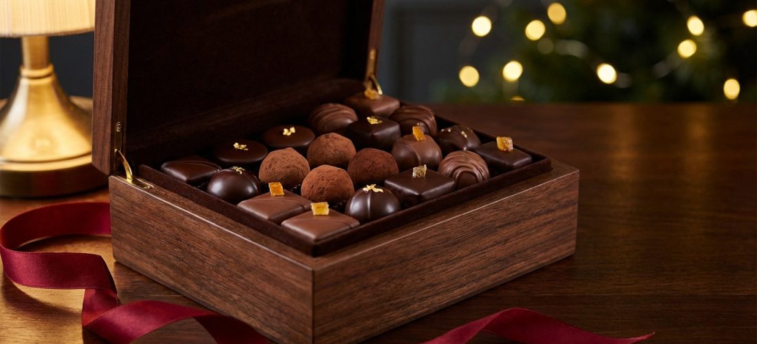 Chocolat artisanal français pour Noël, mettant en valeur le savoir-faire des chocolatiers