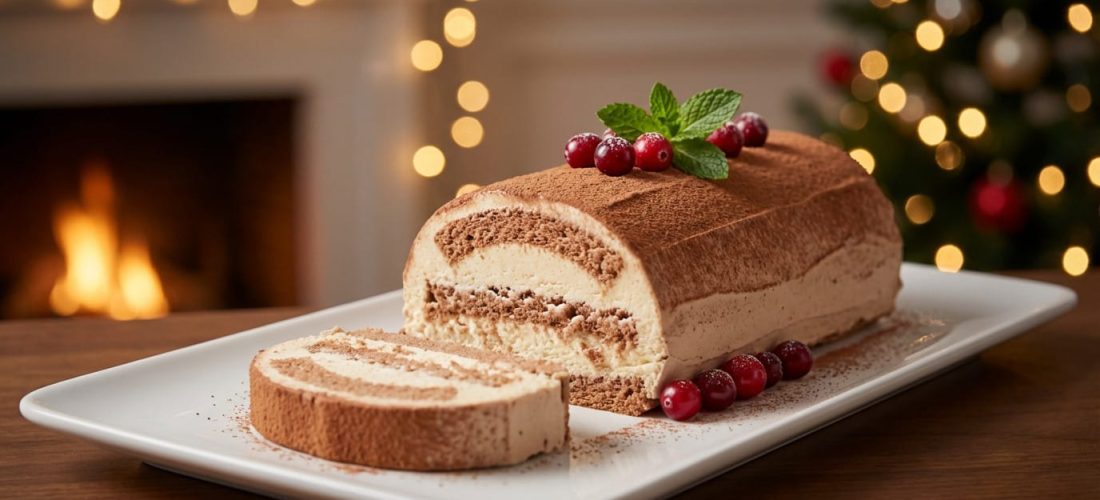 Bûche de Noël légère cacao vanille avec mousse au fromage blanc et xylitol