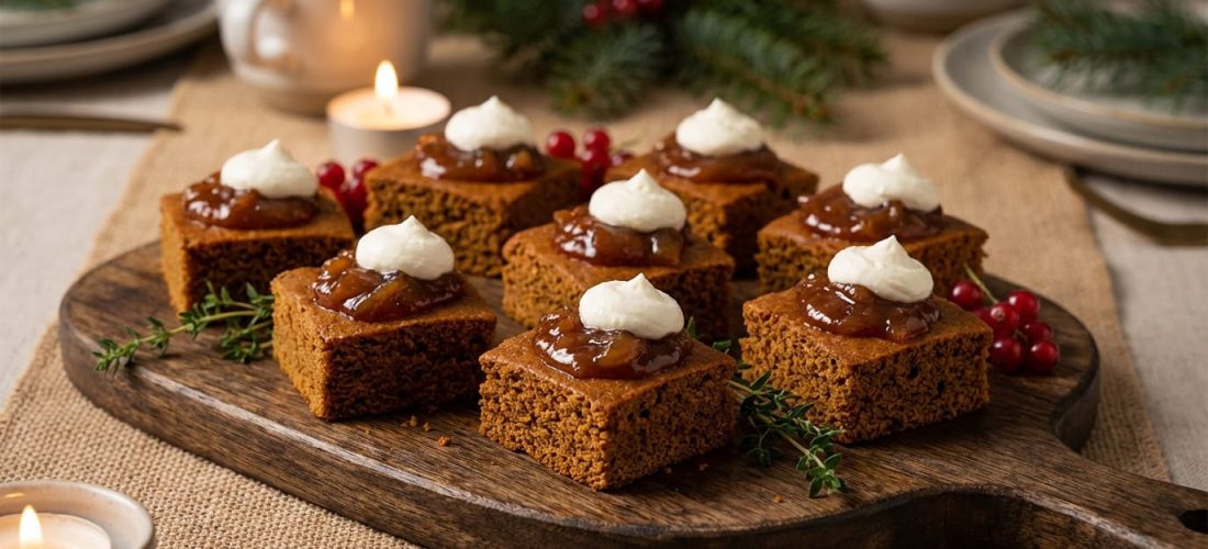 Apéritif pain d'épices avec chutney d'oignon maison sur une table élégante