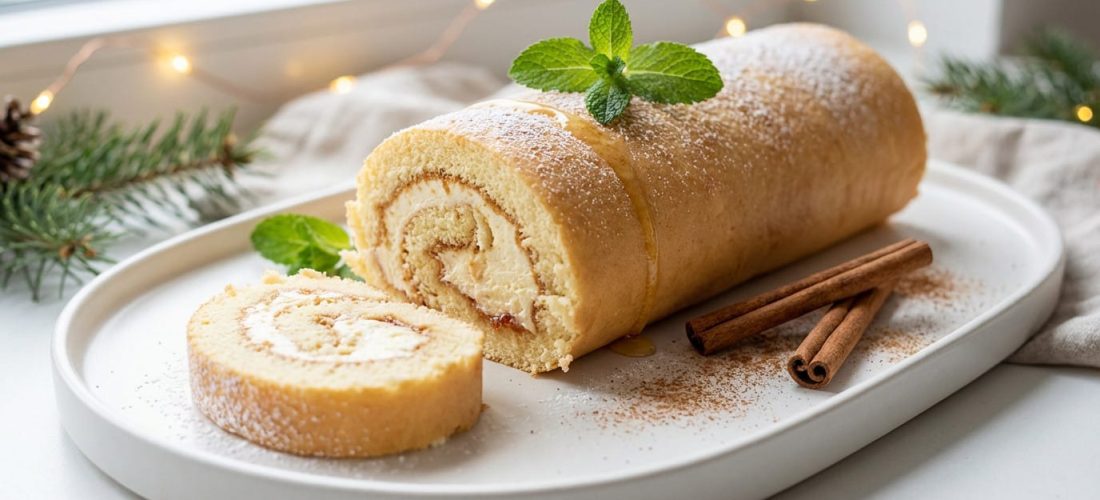 Bûche de Noël légère au miel, menthe et cannelle, prête à être servie
