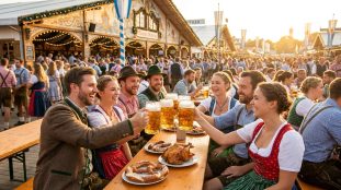 Un groupe d'amis joyeux trinque avec de grandes chopes de bière devant une tente traditionnelle à l'Oktoberfest.