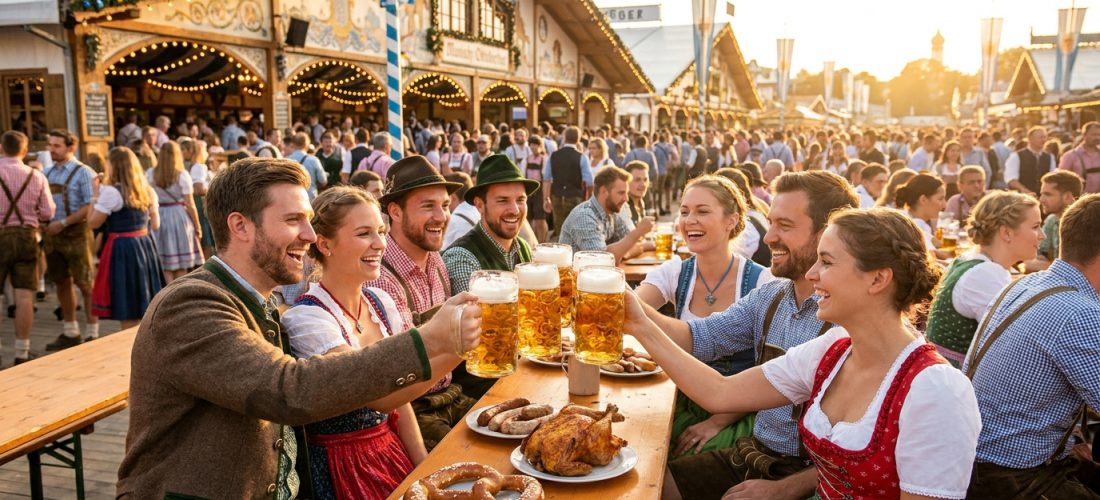 Un groupe d'amis joyeux trinque avec de grandes chopes de bière devant une tente traditionnelle à l'Oktoberfest.
