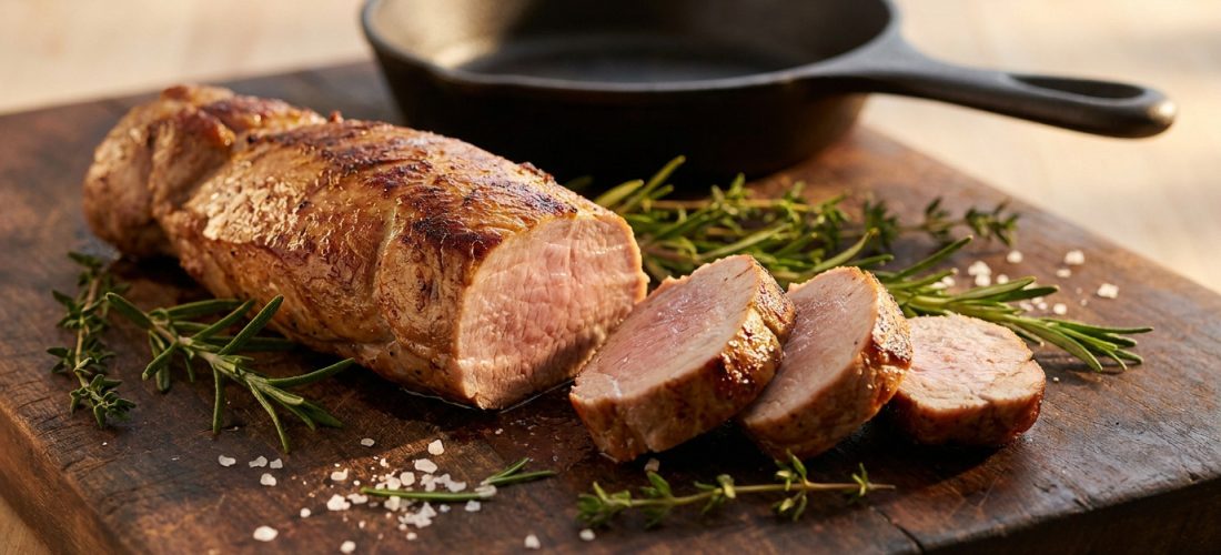 Filet mignon de porc rôti tranché sur une planche en bois avec des herbes fraîches et une poêle en fonte en arrière-plan.