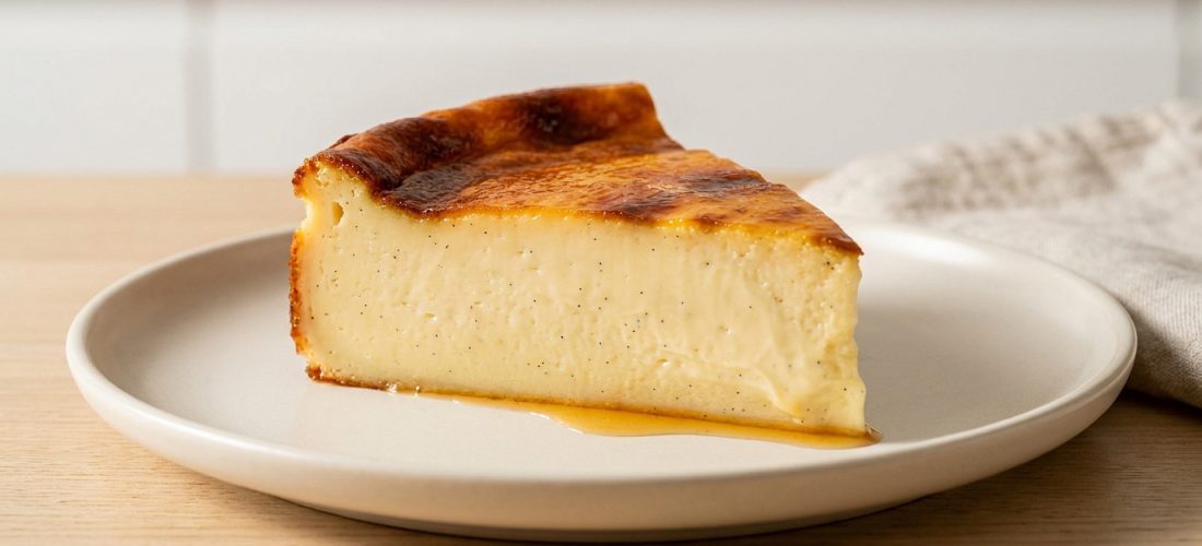 Une part de flan parisien à la vanille posée sur une assiette claire sur une table en bois.