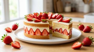 Un fraisier appétissant avec des fraises fraîches, coupé sur une assiette blanche dans une cuisine lumineuse.