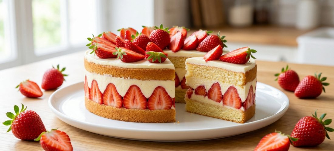 Un fraisier appétissant avec des fraises fraîches, coupé sur une assiette blanche dans une cuisine lumineuse.