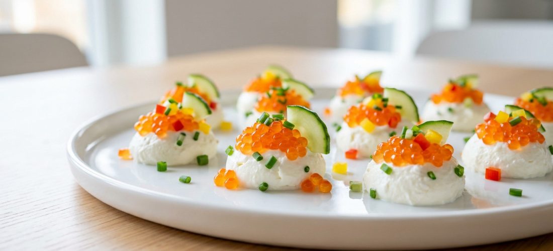 Bouchées apéritives au fromage frais et œufs de lump sur blinis, présentation élégante