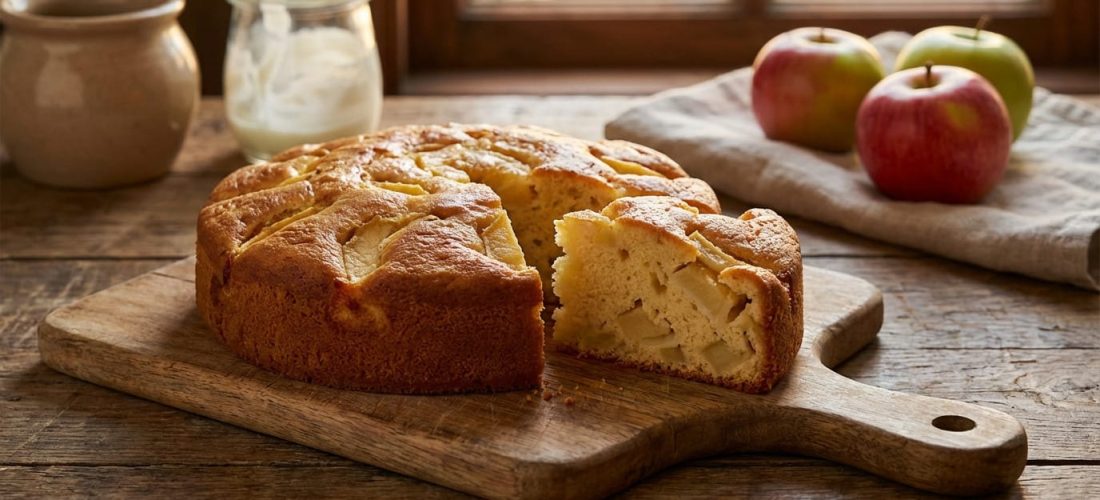 Gâteau pomme yaourt moelleux avec des pommes Golden sur une assiette