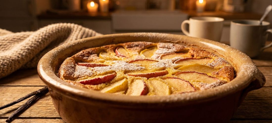 Clafoutis aux pommes et poires vanille, dessert moelleux doré