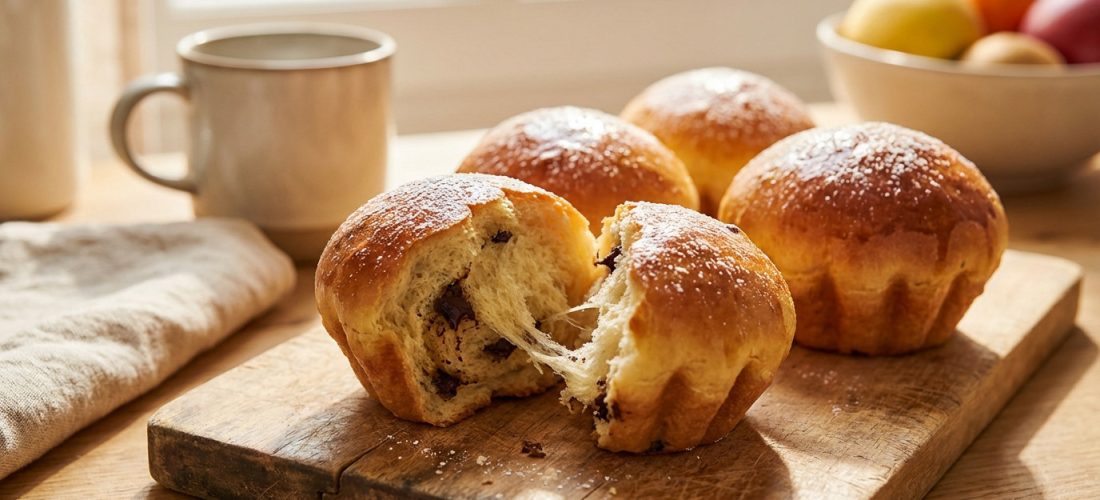 Brioches aux pépites de chocolat avec une mie filante et dorée, prêtes à déguster