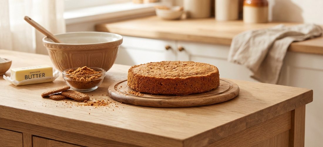 Fond de gâteau croustillant sur une planche en bois avec beurre et biscuits émiettés dans une cuisine lumineuse.
