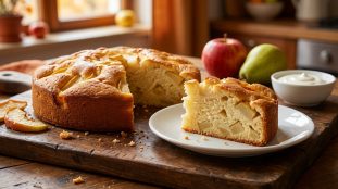 Gâteau moelleux aux pommes et poires avec yaourt, dessert d'automne léger et savoureux