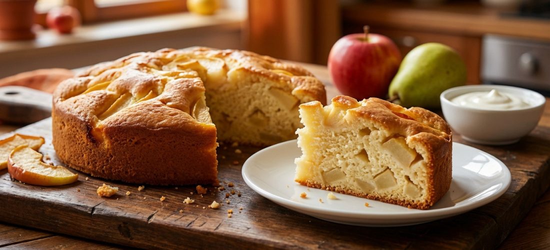Gâteau moelleux aux pommes et poires avec yaourt, dessert d'automne léger et savoureux