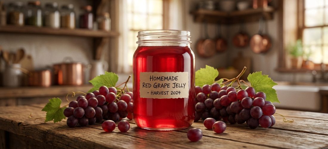 Un bocal de gelée de raisin rouge sur une table en bois rustique entouré de grappes de raisin fraîches dans une cuisine.