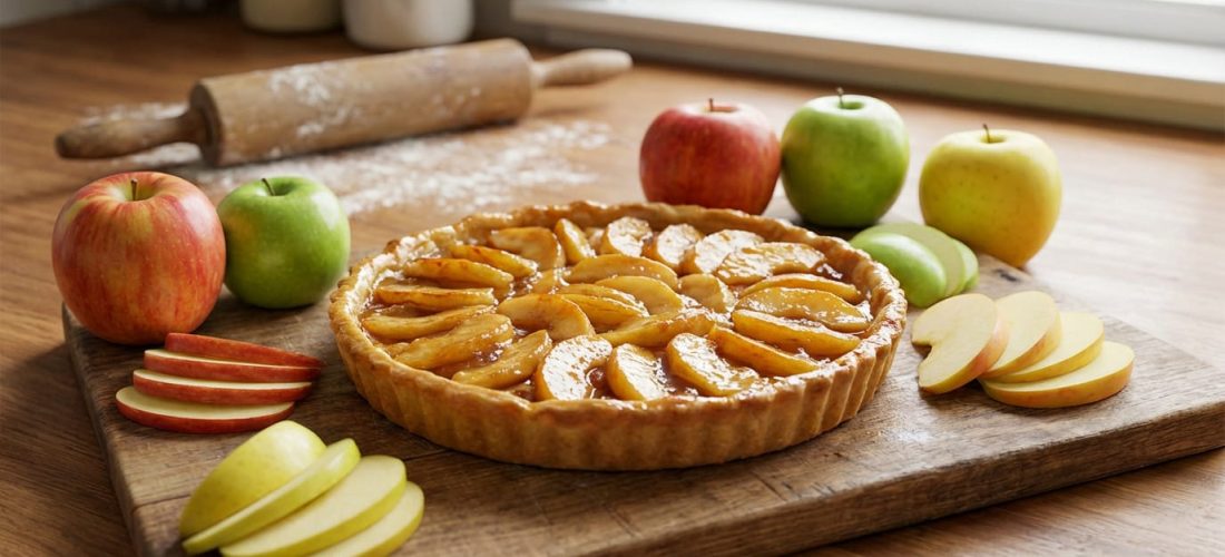 Variétés de pommes pour tarte, y compris Granny Smith et Reine des Reinettes, sur une table en bois