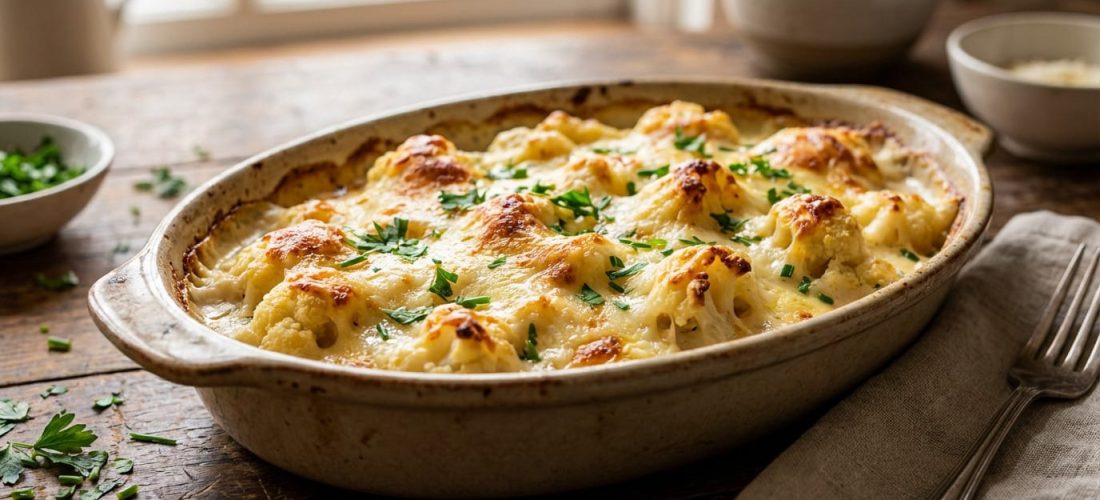 Gratin de chou-fleur doré avec une croûte croustillante et fleurettes de chou-fleur rôties
