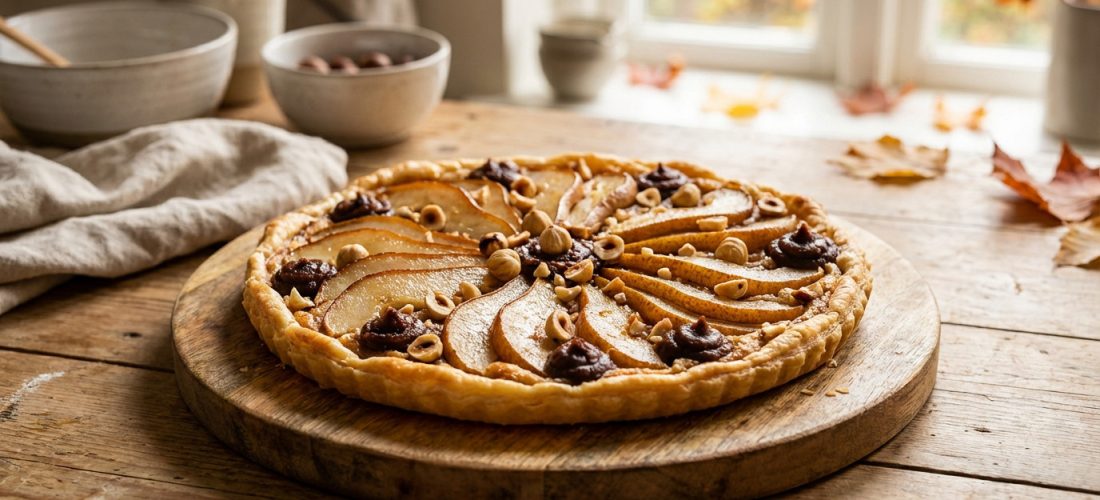 Tarte poire châtaigne noisette garnie de poires et noisettes, dessert d'automne