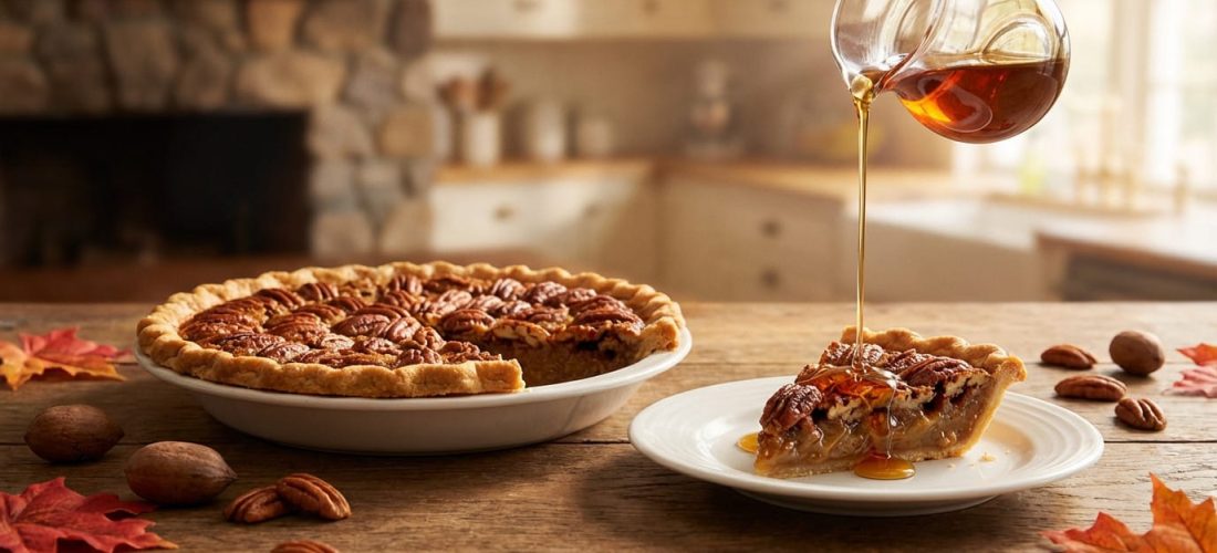 Tarte aux noix de pécan et sirop d'érable sur une table en bois, garnie de noix et de sirop