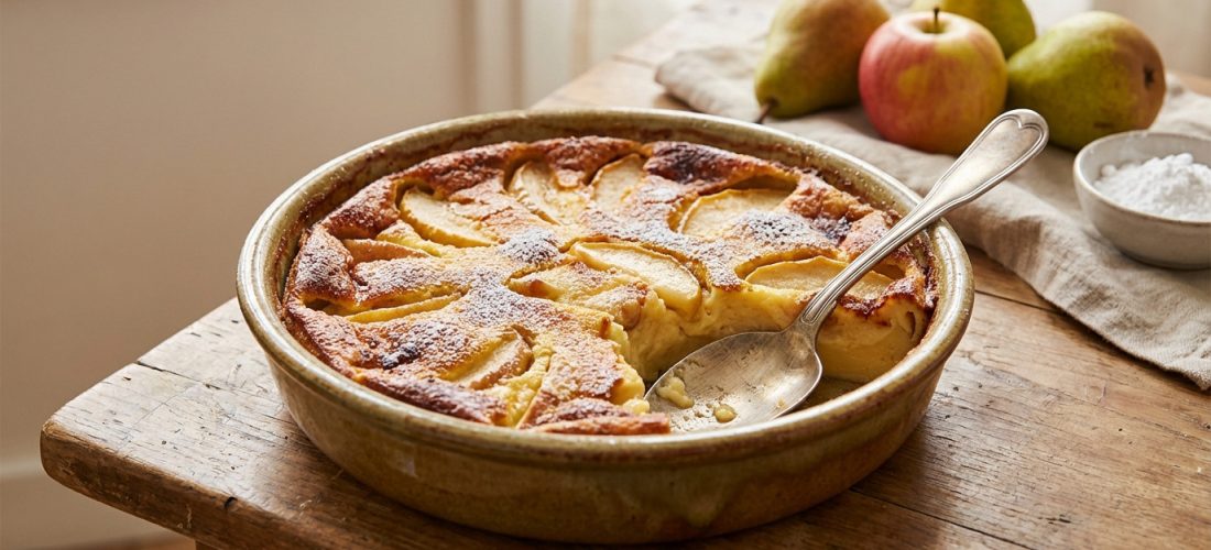 Clafoutis pommes poires fondant avec fruits en conserve, dessert facile et économique