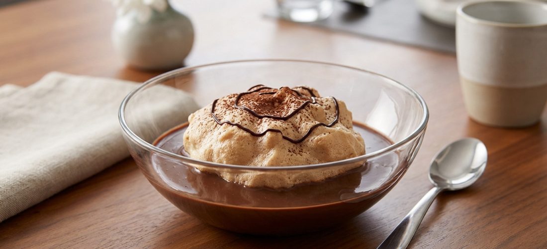Île flottante chocolat avec crème anglaise et nuages de cacao aériens