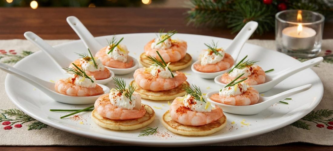 Bouchées de crevettes au fromage frais sur blinis, apéritif chic et facile