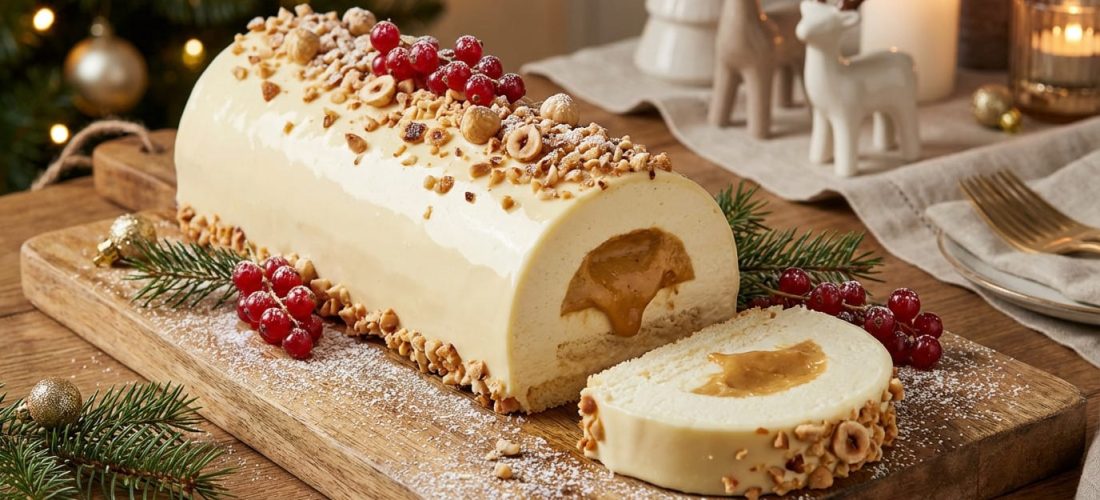 Bûche de Noël chocolat blanc noisette décorée avec des noisettes entières